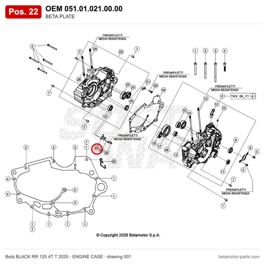 BETA PLATE – OEM 051.01.021.00.00, position 22 on the Beta BLACK RR 125 4T T 2025 engine case drawing