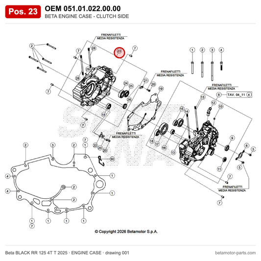 BETA ENGINE CASE - CLUTCH SIDE – OEM 051.01.022.00.00, position 23 on the Beta BLACK RR 125 4T T 2025 engine case drawing