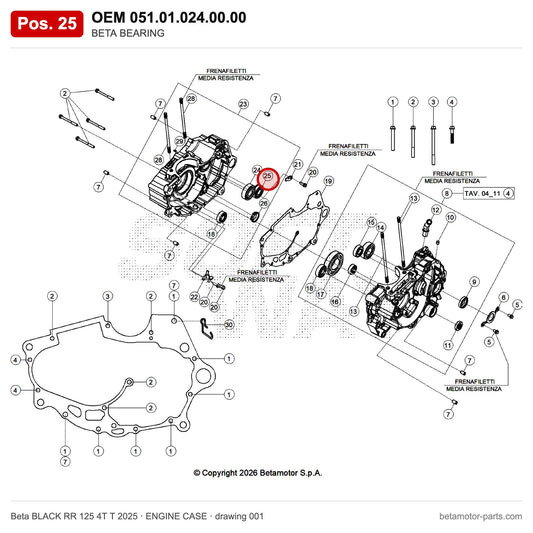 BETA BEARING – OEM 051.01.024.00.00, position 25 on the Beta BLACK RR 125 4T T 2025 engine case drawing