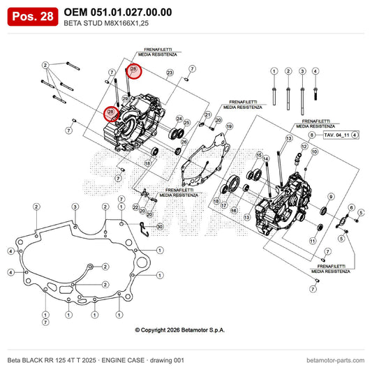 BETA STUD M8X166X1,25 – OEM 051.01.027.00.00, position 28 on the Beta BLACK RR 125 4T T 2025 engine case drawing