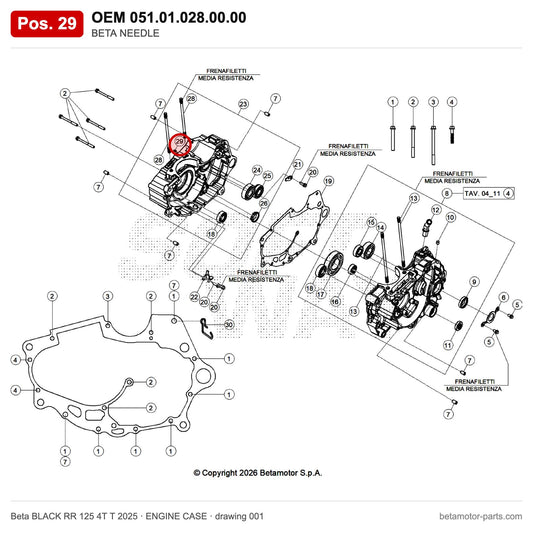 BETA NEEDLE – OEM 051.01.028.00.00, position 29 on the Beta BLACK RR 125 4T T 2025 engine case drawing