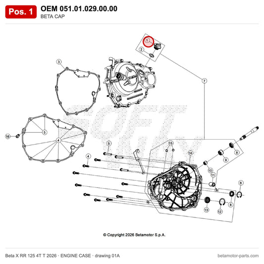 BETA CAP – OEM 051.01.029.00.00, position 1 on the Beta X RR 125 4T T 2026 engine case drawing
