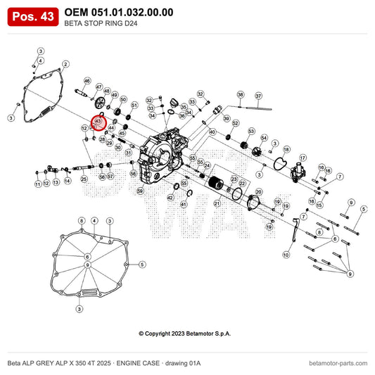 BETA STOP RING D24 – OEM 051.01.032.00.00, position 43 on the Beta ALP GREY ALP X 350 4T 2025 engine case drawing