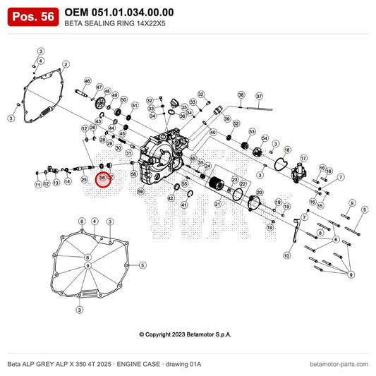 BETA SEALING RING 14X22X5 – OEM 051.01.034.00.00, position 56 on the Beta ALP GREY ALP X 350 4T 2025 engine case drawing