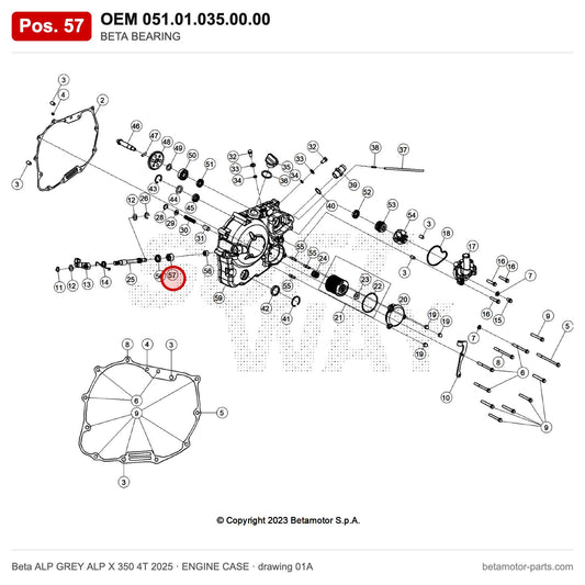 BETA BEARING – OEM 051.01.035.00.00, position 57 on the Beta ALP GREY ALP X 350 4T 2025 engine case drawing