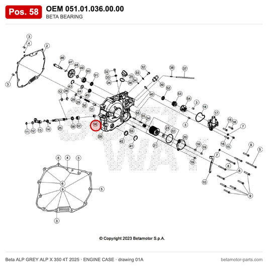 BETA BEARING – OEM 051.01.036.00.00, position 58 on the Beta ALP GREY ALP X 350 4T 2025 engine case drawing