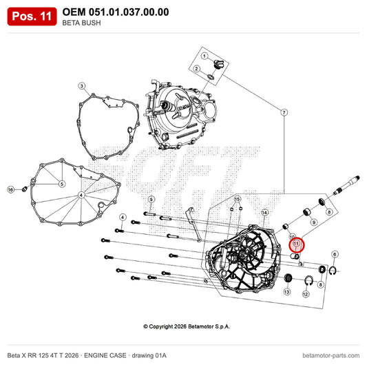 BETA BUSH – OEM 051.01.037.00.00, position 11 on the Beta X RR 125 4T T 2026 engine case drawing