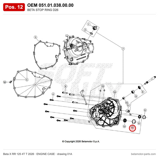 BETA STOP RING D26 – OEM 051.01.038.00.00, position 12 on the Beta X RR 125 4T T 2026 engine case drawing