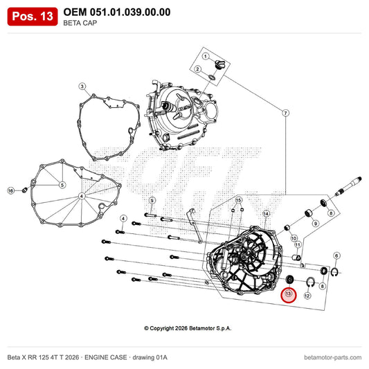 BETA CAP – OEM 051.01.039.00.00, position 13 on the Beta X RR 125 4T T 2026 engine case drawing