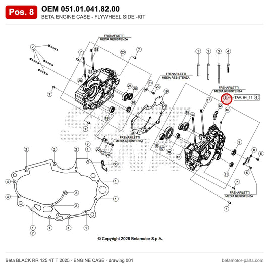 BETA ENGINE CASE - FLYWHEEL SIDE -KIT – OEM 051.01.041.82.00, position 8 on the Beta BLACK RR 125 4T T 2025 engine case drawing