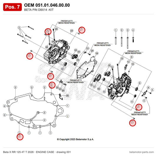 BETA PIN D8X14 -KIT – OEM 051.01.046.00.00, position 7 on the Beta X RR 125 4T T 2026 engine case drawing