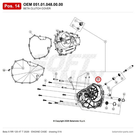 BETA CLUTCH COVER – OEM 051.01.048.00.00, position 14 on the Beta X RR 125 4T T 2026 engine case drawing
