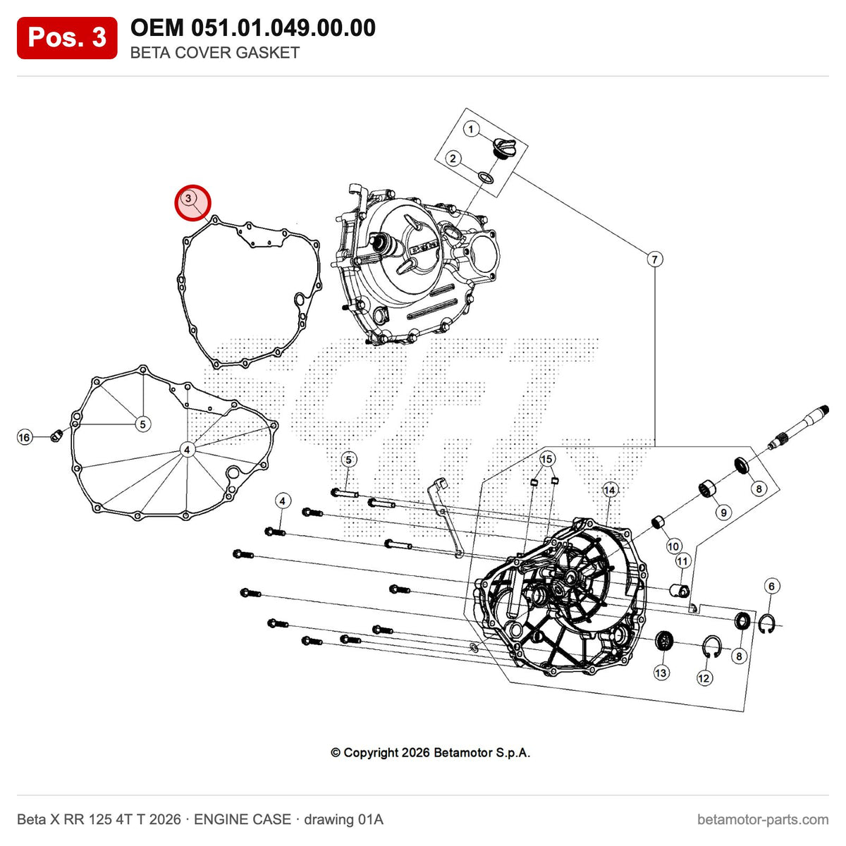BETA COVER GASKET – OEM 051.01.049.00.00, position 3 on the Beta X RR 125 4T T 2026 engine case drawing