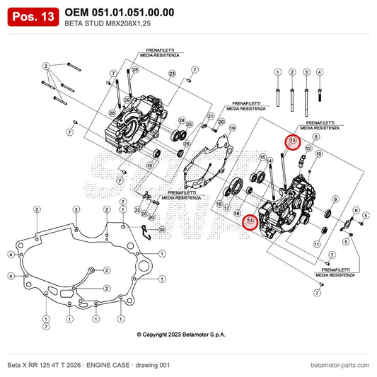 BETA STUD M8X208X1,25 – OEM 051.01.051.00.00, position 13 on the Beta X RR 125 4T T 2026 engine case drawing