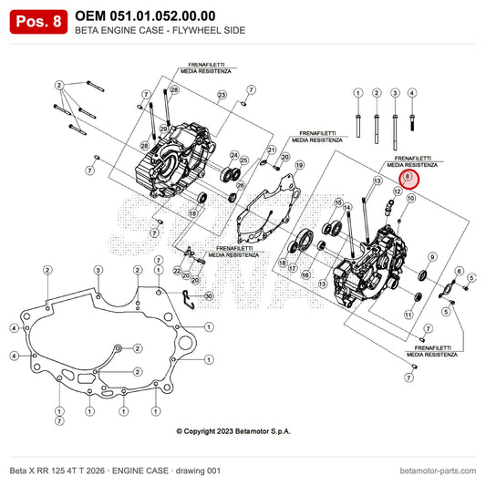 BETA ENGINE CASE - FLYWHEEL SIDE – OEM 051.01.052.00.00, position 8 on the Beta RR 125 4T engine case drawing