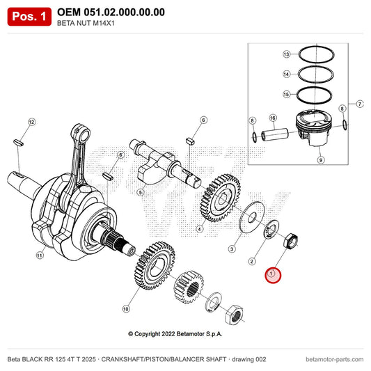 BETA NUT M14X1 – OEM 051.02.000.00.00, position 1 on the Beta BLACK RR 125 4T T 2025 crankshaft/piston/balancer shaft drawing