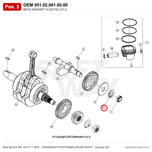 BETA WASHER 14,2X27X2,1X1,5 – OEM 051.02.001.00.00, position 2 on the Beta BLACK RR 125 4T T 2025 crankshaft/piston/balancer shaft drawing