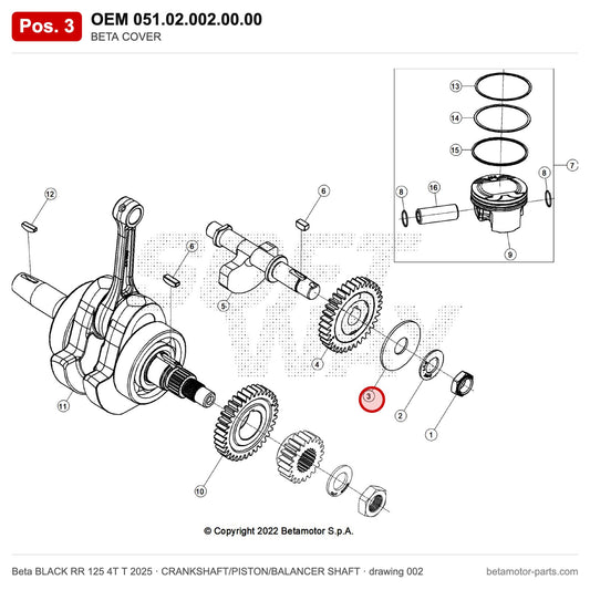 BETA COVER – OEM 051.02.002.00.00, position 3 on the Beta BLACK RR 125 4T T 2025 crankshaft/piston/balancer shaft drawing