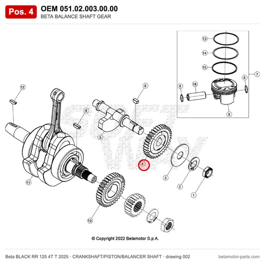BETA BALANCE SHAFT GEAR – OEM 051.02.003.00.00, position 4 on the Beta BLACK RR 125 4T T 2025 crankshaft/piston/balancer shaft drawing