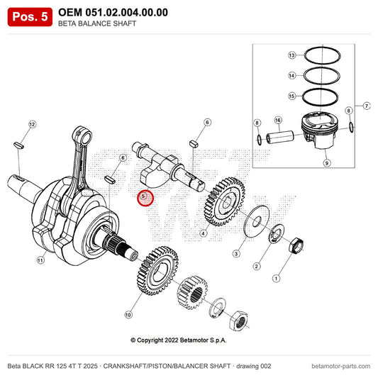 BETA BALANCE SHAFT – OEM 051.02.004.00.00, position 5 on the Beta BLACK RR 125 4T T 2025 crankshaft/piston/balancer shaft drawing