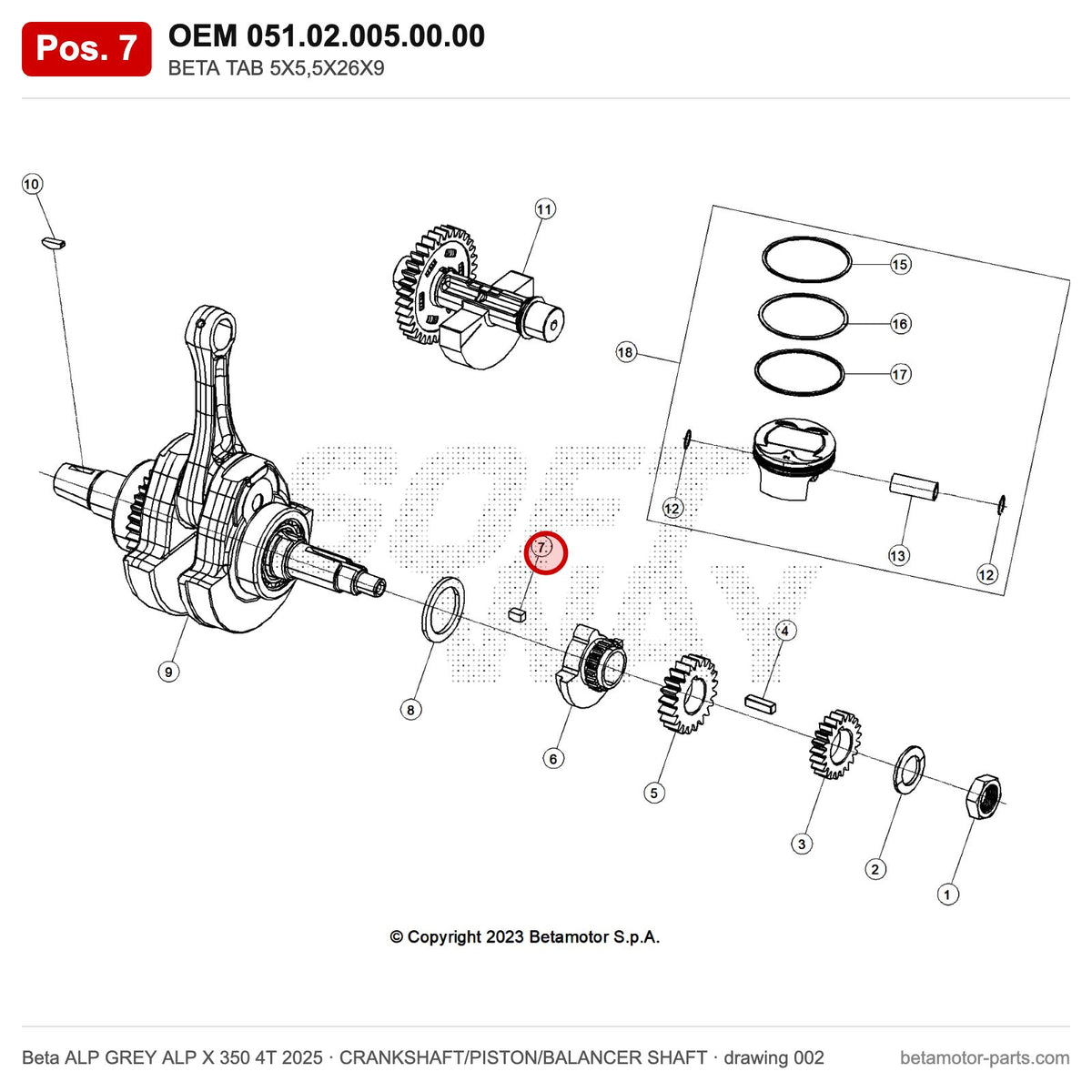 BETA TAB 5X5,5X26X9 – OEM 051.02.005.00.00, position 7 on the Beta ALP GREY ALP X 350 4T 2025 crankshaft/piston/balancer shaft drawing