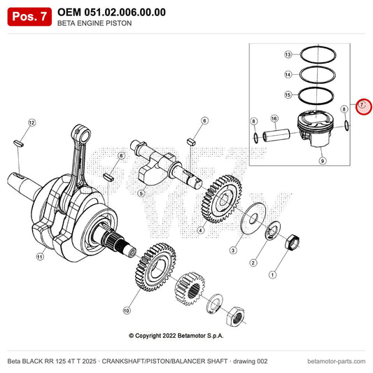 BETA ENGINE PISTON – OEM 051.02.006.00.00, position 7 on the Beta BLACK RR 125 4T T 2025 crankshaft/piston/balancer shaft drawing