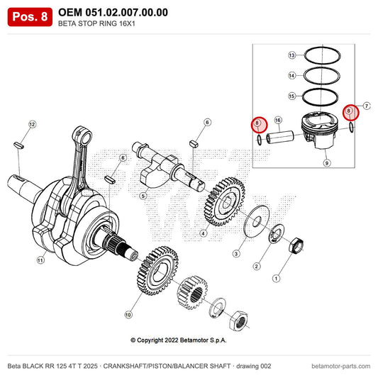 BETA STOP RING 16X1 – OEM 051.02.007.00.00, position 8 on the Beta BLACK RR 125 4T T 2025 crankshaft/piston/balancer shaft drawing