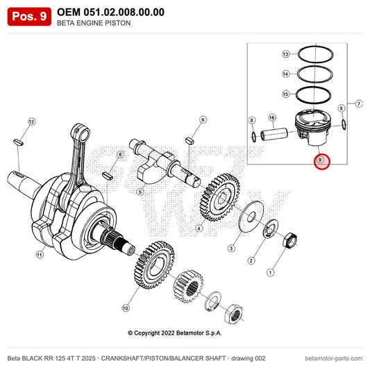 BETA ENGINE PISTON – OEM 051.02.008.00.00, position 9 on the Beta BLACK RR 125 4T T 2025 crankshaft/piston/balancer shaft drawing