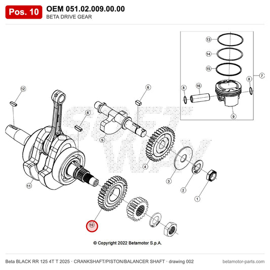 BETA DRIVE GEAR – OEM 051.02.009.00.00, position 10 on the Beta BLACK RR 125 4T T 2025 crankshaft/piston/balancer shaft drawing