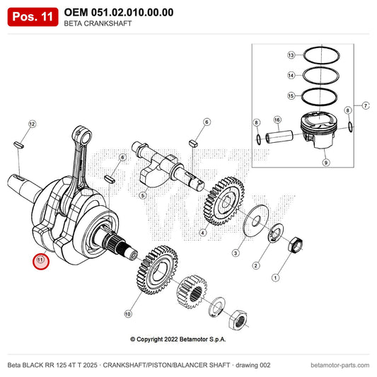 BETA CRANKSHAFT – OEM 051.02.010.00.00, position 11 on the Beta BLACK RR 125 4T T 2025 crankshaft/piston/balancer shaft drawing
