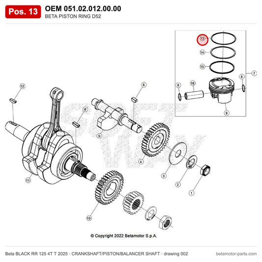 BETA PISTON RING D52 – OEM 051.02.012.00.00, position 13 on the Beta BLACK RR 125 4T T 2025 crankshaft/piston/balancer shaft drawing