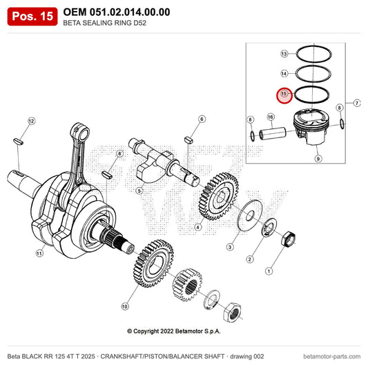 BETA SEALING RING D52 – OEM 051.02.014.00.00, position 15 on the Beta BLACK RR 125 4T T 2025 crankshaft/piston/balancer shaft drawing
