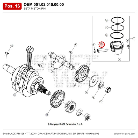 BETA PISTON PIN – OEM 051.02.015.00.00, position 16 on the Beta BLACK RR 125 4T T 2025 crankshaft/piston/balancer shaft drawing