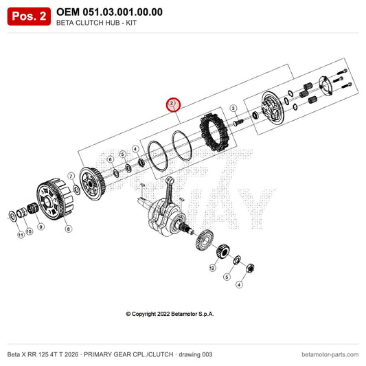 BETA CLUTCH HUB - KIT – OEM 051.03.001.00.00, position 2 on the Beta X RR 125 4T T 2026 primary gear cpl./clutch drawing