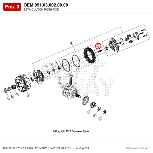 BETA CLUTCH PUSH ROD – OEM 051.03.002.00.00, position 3 on the Beta X RR 125 4T T 2026 primary gear cpl./clutch drawing
