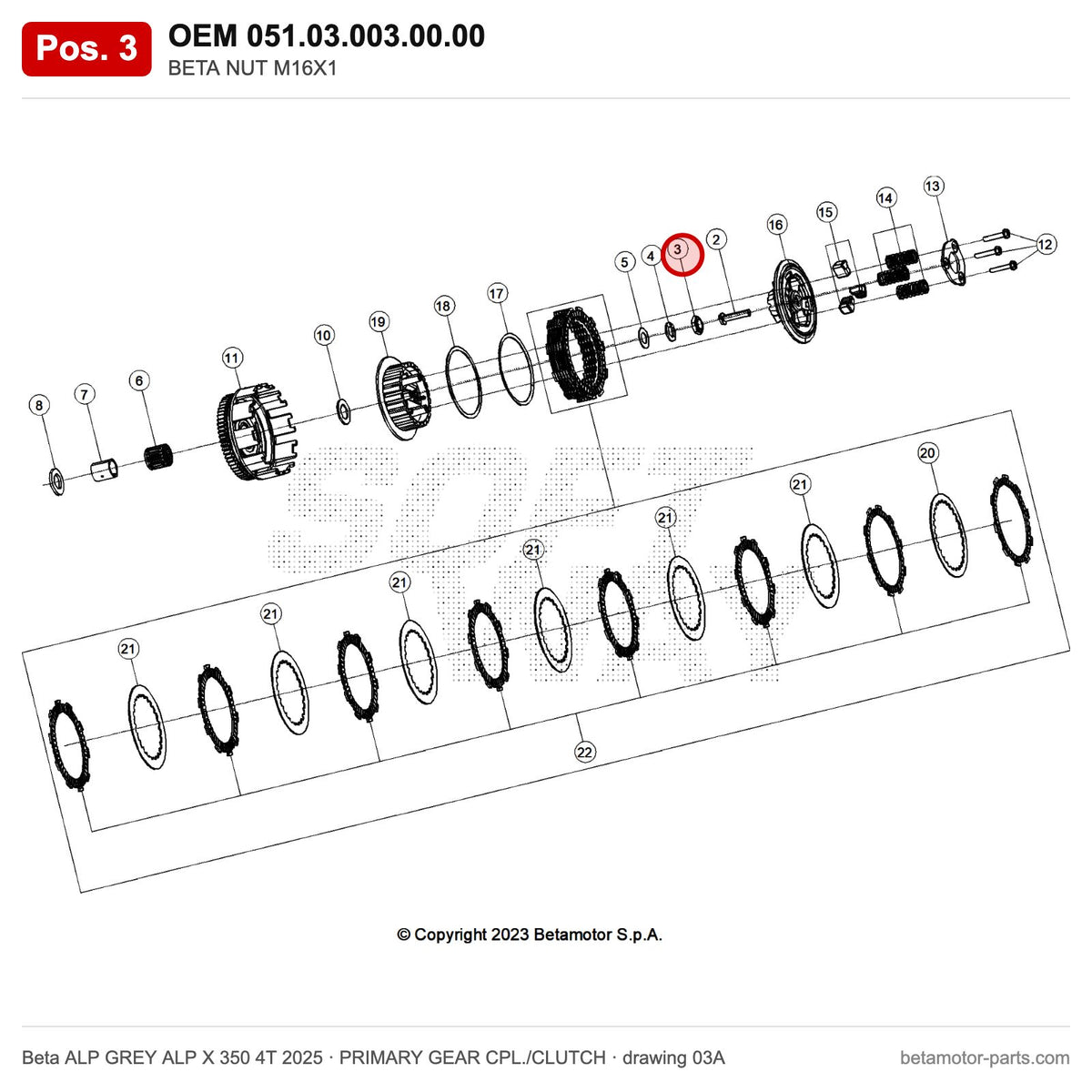 BETA NUT M16X1 – OEM 051.03.003.00.00, position 3 on the Beta ALP GREY ALP X 350 4T 2025 primary gear cpl./clutch drawing