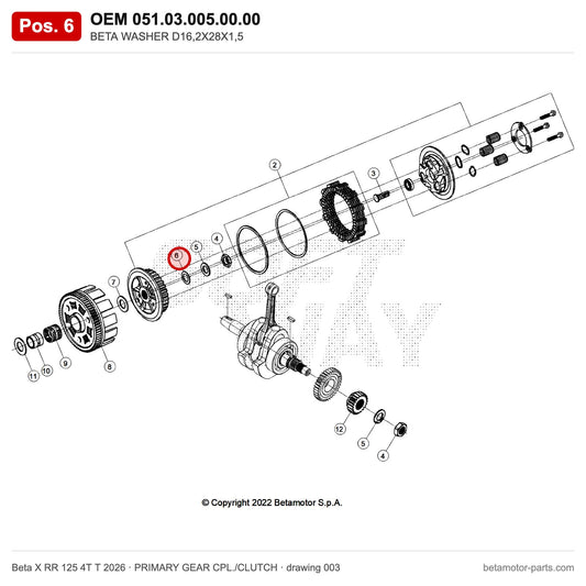 BETA WASHER D16,2X28X1,5 – OEM 051.03.005.00.00, position 6 on the Beta X RR 125 4T T 2026 primary gear cpl./clutch drawing