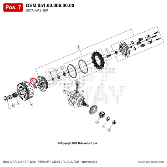 BETA WASHER – OEM 051.03.006.00.00, position 7 on the Beta X RR 125 4T T 2026 primary gear cpl./clutch drawing