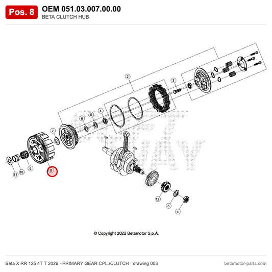 BETA CLUTCH HUB – OEM 051.03.007.00.00, position 8 on the Beta X RR 125 4T T 2026 primary gear cpl./clutch drawing