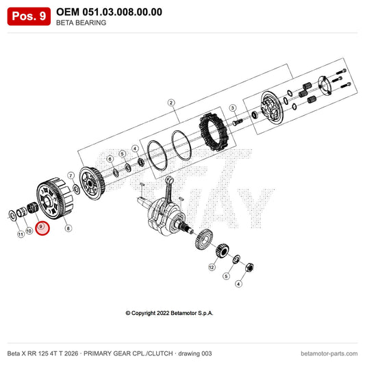BETA BEARING – OEM 051.03.008.00.00, position 9 on the Beta X RR 125 4T T 2026 primary gear cpl./clutch drawing
