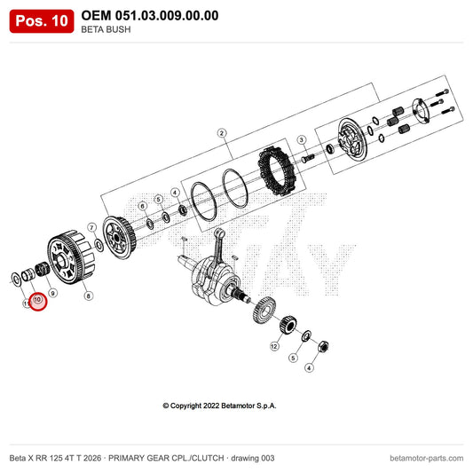 BETA BUSH – OEM 051.03.009.00.00, position 10 on the Beta X RR 125 4T T 2026 primary gear cpl./clutch drawing
