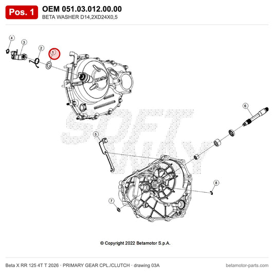 BETA WASHER D14,2XD24X0,5 – OEM 051.03.012.00.00, position 1 on the Beta X RR 125 4T T 2026 primary gear cpl./clutch drawing