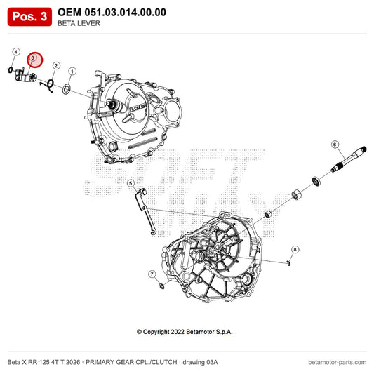 BETA LEVER – OEM 051.03.014.00.00, position 3 on the Beta X RR 125 4T T 2026 primary gear cpl./clutch drawing