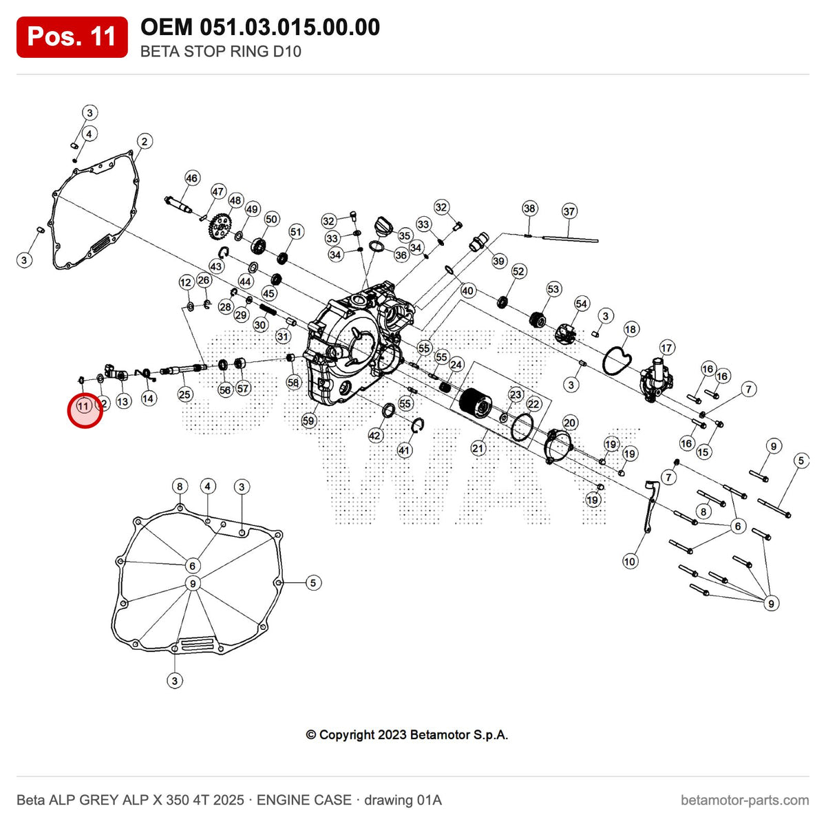 BETA STOP RING D10 – OEM 051.03.015.00.00, position 11 on the Beta ALP GREY ALP X 350 4T 2025 engine case drawing