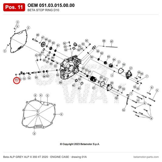 BETA STOP RING D10 – OEM 051.03.015.00.00, position 11 on the Beta ALP GREY ALP X 350 4T 2025 engine case drawing
