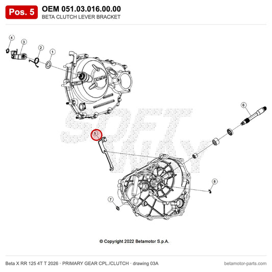 BETA CLUTCH LEVER BRACKET – OEM 051.03.016.00.00, position 5 on the Beta X RR 125 4T T 2026 primary gear cpl./clutch drawing
