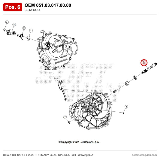 BETA ROD – OEM 051.03.017.00.00, position 6 on the Beta X RR 125 4T T 2026 primary gear cpl./clutch drawing