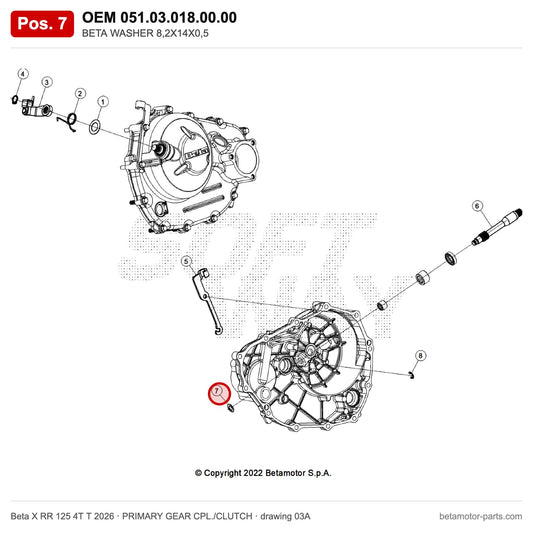 BETA WASHER 8,2X14X0,5 – OEM 051.03.018.00.00, position 7 on the Beta X RR 125 4T T 2026 primary gear cpl./clutch drawing