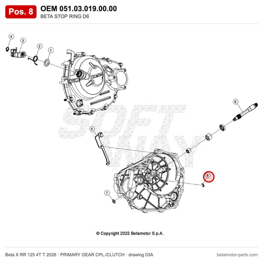 BETA STOP RING D6 – OEM 051.03.019.00.00, position 8 on the Beta X RR 125 4T T 2026 primary gear cpl./clutch drawing