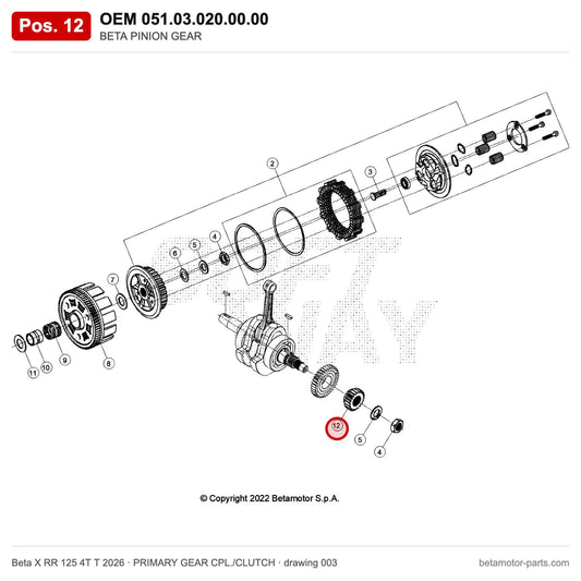 BETA PINION GEAR – OEM 051.03.020.00.00, position 12 on the Beta X RR 125 4T T 2026 primary gear cpl./clutch drawing